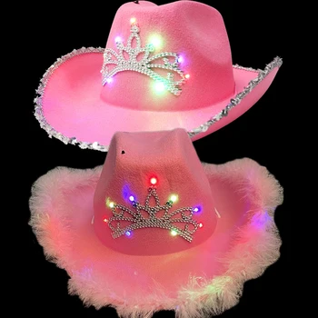 2022 LED בוקרת כובע בסגנון מערבי כובע ורוד של נשים אופנה למסיבה זוהרת כובע מעוות רחב שוליים עם נצנצים לקישוט