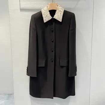 2023 האביב החדשה אופנה נשים מעיל באיכות גבוהה משובץ חרוזים קולר ז ' קט שחור באורך בינוני יחיד עם חזה מקסימום