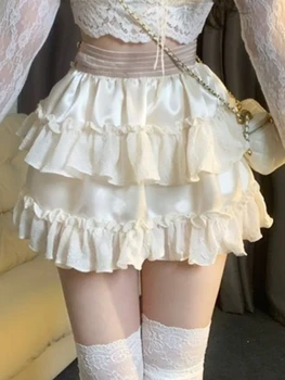 ADAgirl Kawaii לבן חצאית מיני נשים אלסטי המותניים Tierred קו חצאית עוגה מוצקה טלאים לפרוע לוליטה חצאיות לילדות