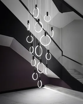 LED מודרנית נברשת שחור/זהב מקורה מדרגות תאורה ברזל אקריליק הטבעת מסעדה עיצוב אורות נורדי יוקרה תליית מנורה
