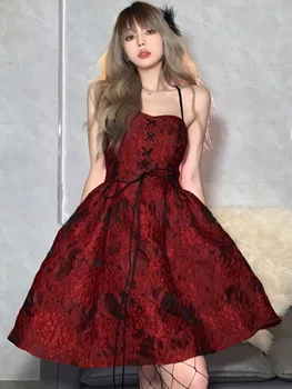 QWEEK גותי Harajuku התחבושת ללא משענת שמלת נשים גותי ערב רשמית נשף מסיבה כתף אדום שמלות קצרות 2023