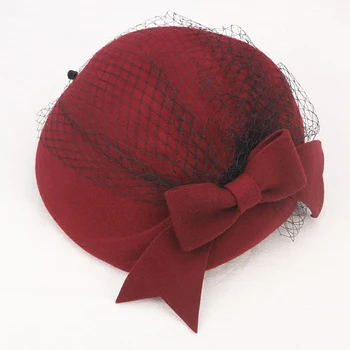 בנות Fedoras כובע נשי צמר צעיף כובע גברת סתיו חורף בריטי עתיק עניבת פרפר כומתות צמר אלגנטי צייר כובע להתאים B8955