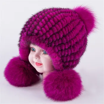 דייר חדש חורף כובע לתינוק ילדה ילד ילדה כובעי אמיתי של חורפן פרווה כובע עם פונפון כדור אופנה חמים סורגת הכובעים H30