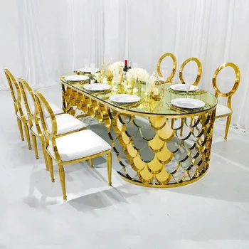 החתונה ריהוט מודרני עיצוב זכוכית עליון דגים בקנה מידה זהב יוקרה שולחן אוכל להגדיר 8 מושבים מודרני