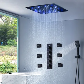 הממ 2023 שחור LED מקלחת להגדיר 20Inch אל חלד 304 גשמים ריסוס ערפל ראש המקלחת עם מטוסי גוף Thermostatic ברז מערכת