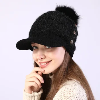 חורף חם פליז מצופה גולגולת מצחיית הכובע עבה לסרוג פונפון כתב כובע נשים מזג אוויר קר בייסבול שוליים כובע שלג, סקי, כובעי