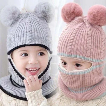 ילדים כובעי בנים בנות סרוג צמר ביני כובע חורף לתינוק חם כובעים עם הצעיף מכסה לילדים 1-6 שנה Windproof קאפ