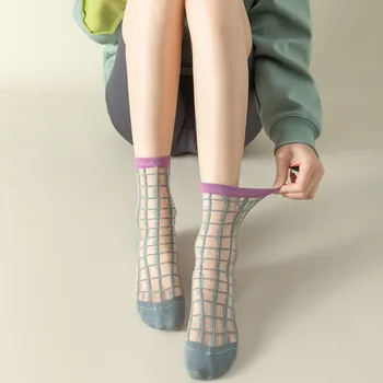 משובץ קריסטל משי גרביים נשים מזדמנים אופנה קיץ אלסטיות גרביים ארוכות קוריאני בסגנון Harajuku דק שקוף נשים גרביים