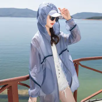נשים עם ברדס מעיל ארוך שרוול החולצה הענקית רוכסן מזדמן הגנה מפני השמש אמצע אורך מעיל רוח קוריאני אופנה מעילים