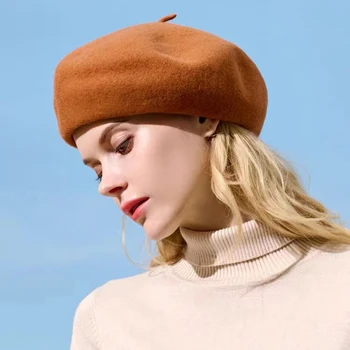 פשוט סתיו חורף כובע 100% צמר עבה הכומתות צרפתית אמן כומתה נשים צייר כובע בנות הכומתות נקבה חמה שווי כובעים