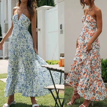 קיץ נשים אופנה אלגנטית שמלה ארוכה שרוולים לקשור קולר פרחוני שמלת חוף בסגנון סווינג השמלה