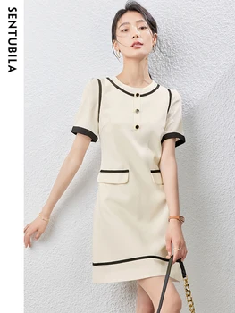 Sentubila שרוול קצר ישר מיני שמלות לנשים 2023 אופנה סביב צוואר מזויף כיסים משרד ליידי אלגנטית שמלת הקיץ
