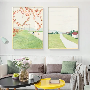 סקנדינביה הקיר הירוק אמנות פוסטר אוהבי בד הדפסה נורדי אביב נוף ציור תמונה המודרני סלון עיצוב הבית